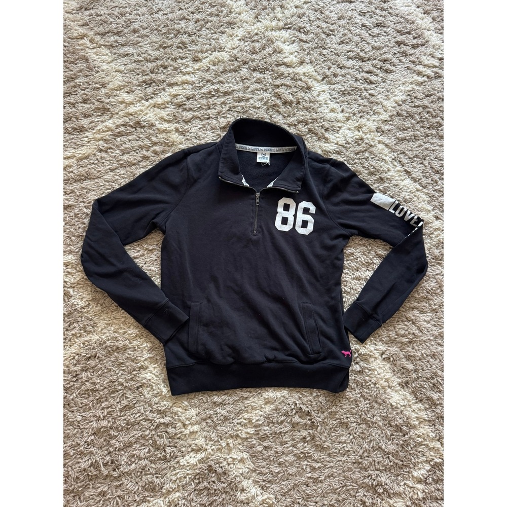 Pink Victoria's Secret Quarter Zip Pullover Sweatshirt Black 86 Graphic Small